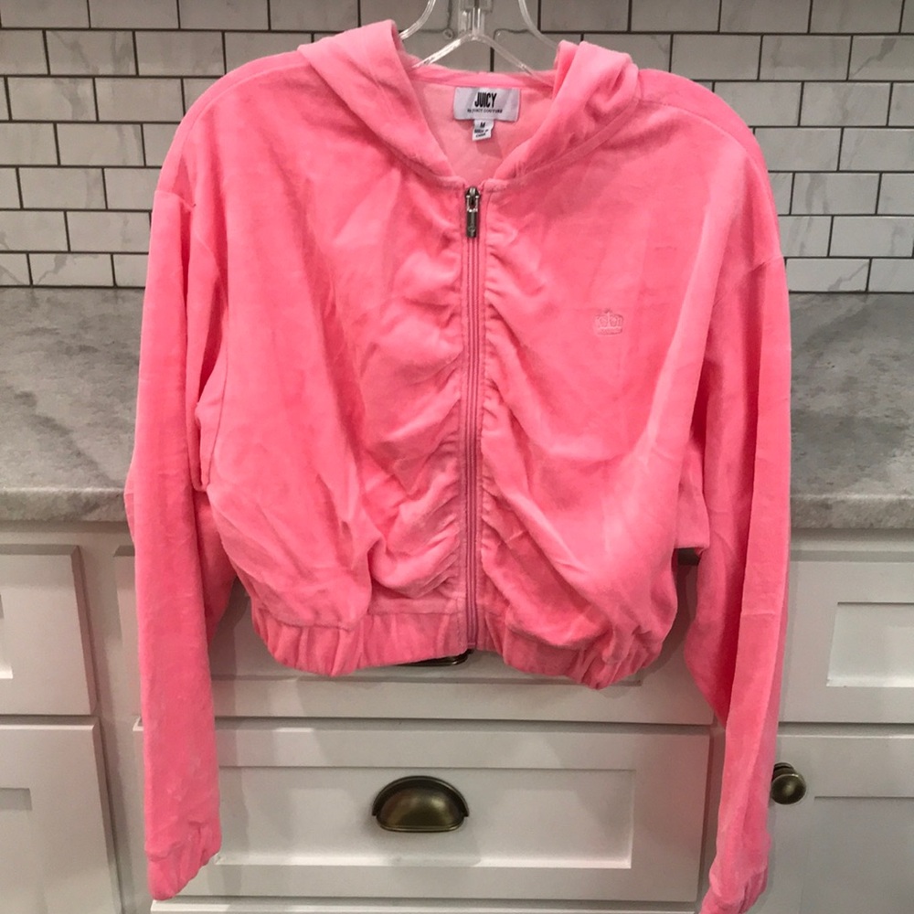 Juicy‎ Couture Hoodie Womens Medium Pink Velour Jacket Cropped Track Full Zip
